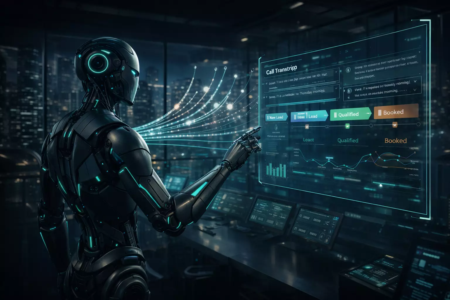 Business executive reviewing AI voice agent performance metrics on dashboard