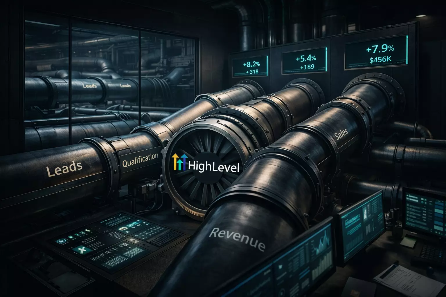 GoHighLevel CRM dashboard showing pipeline automation and revenue metrics