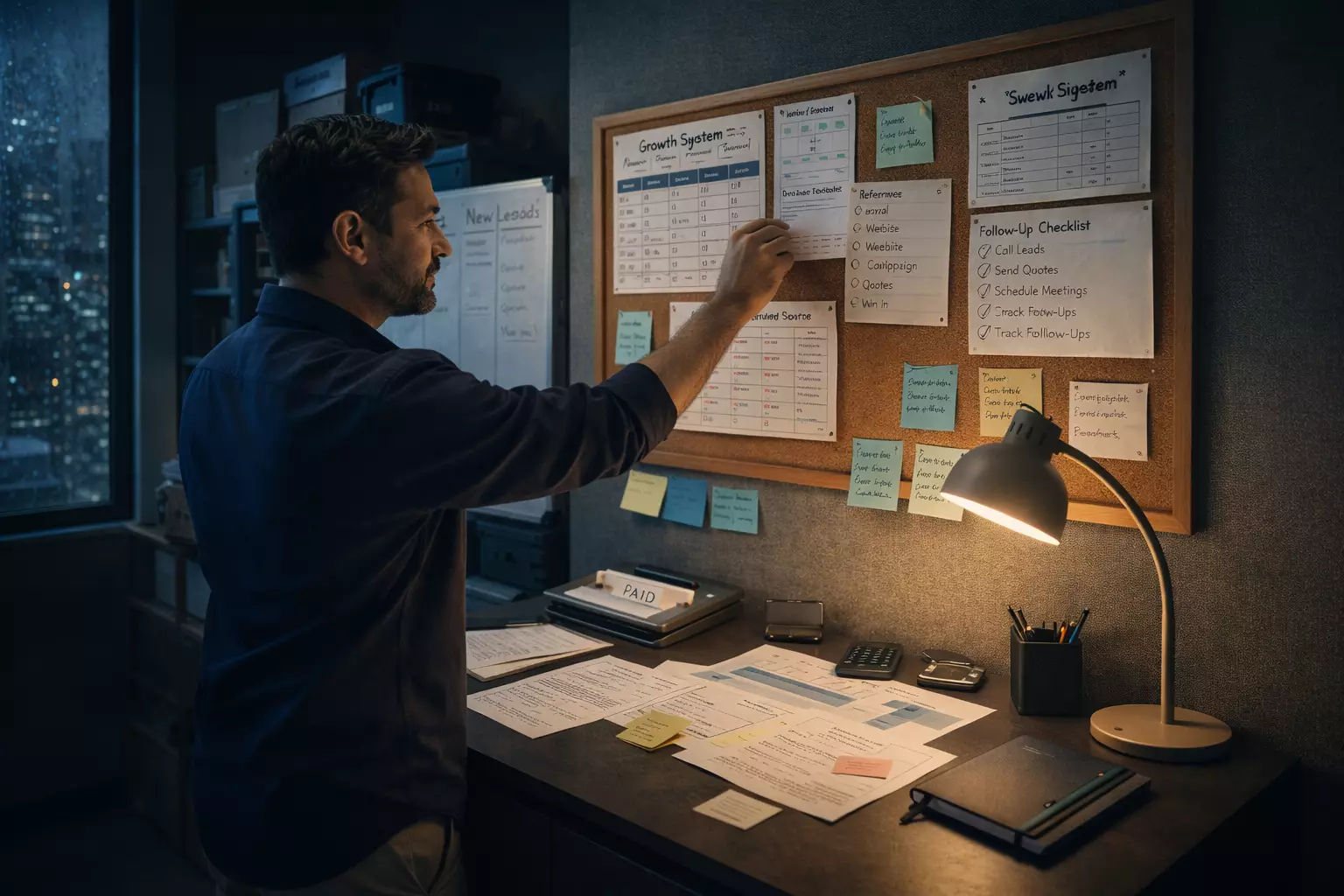 SMB owner reviewing growth systems playbook with AI revenue dashboard in background